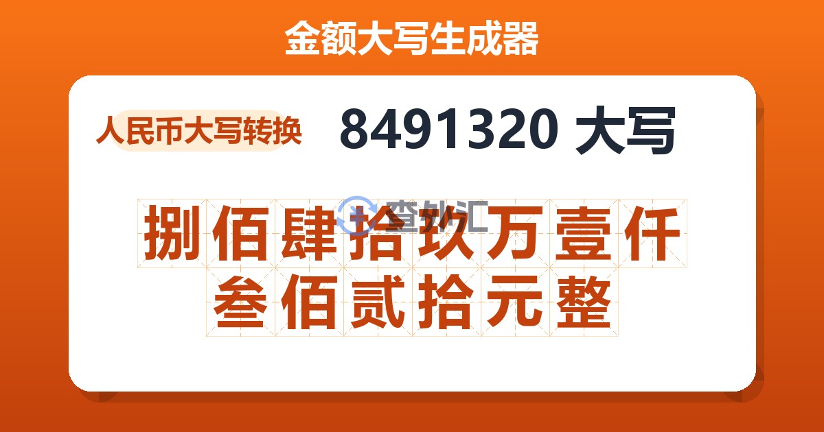 8491320大写 捌佰肆拾玖万壹仟叁佰贰拾元整