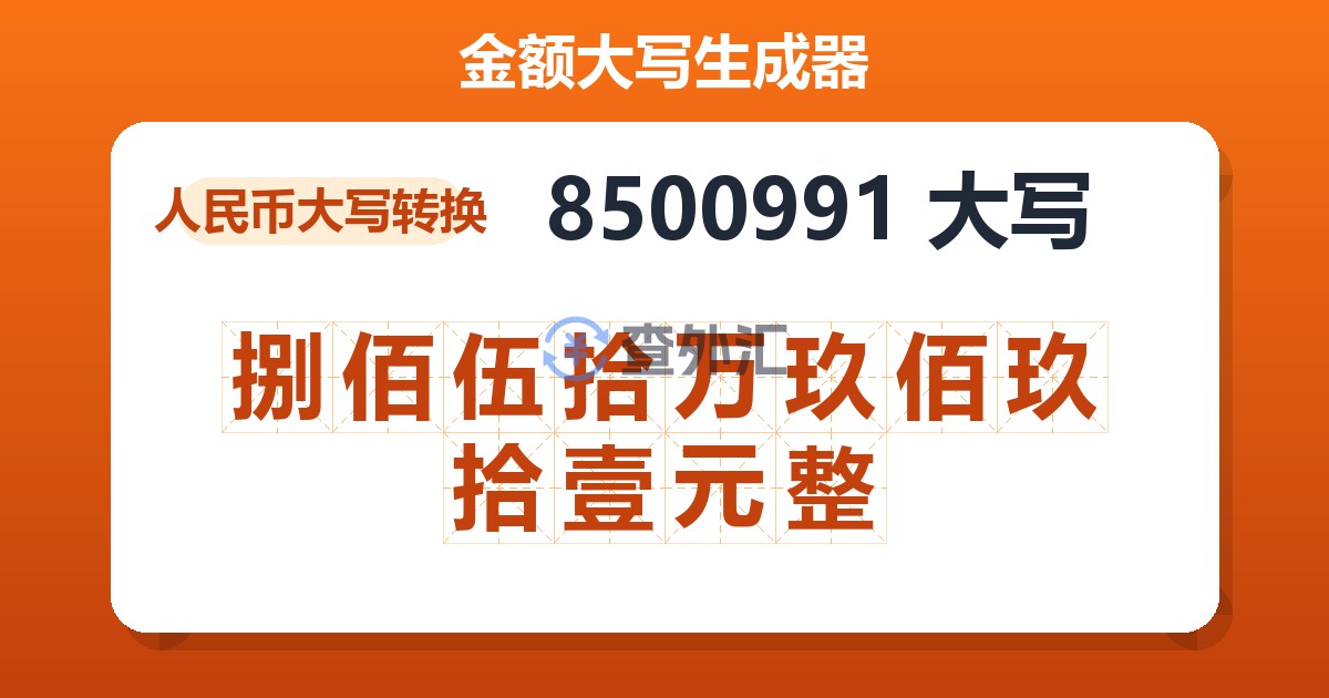 8500991大写 捌佰伍拾万玖佰玖拾壹元整