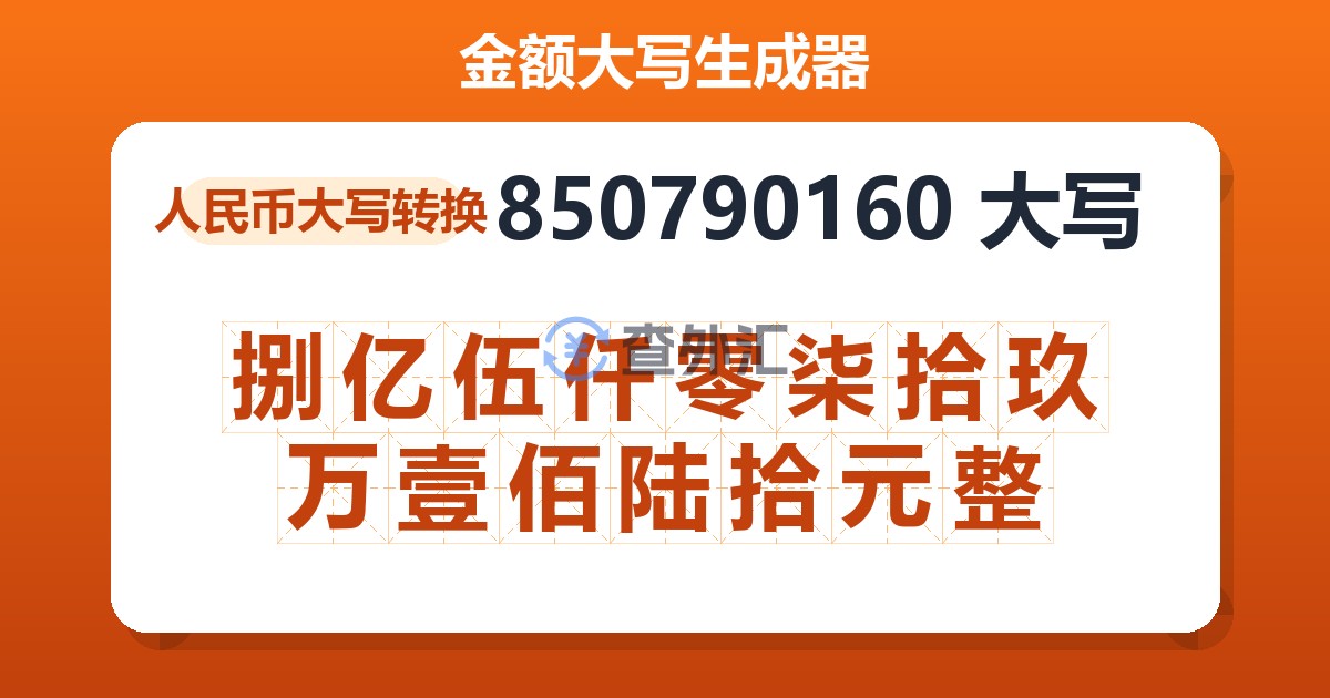850790160大写 捌亿伍仟零柒拾玖万壹佰陆拾元整