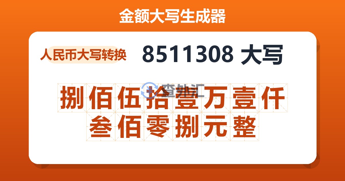8511308大写 捌佰伍拾壹万壹仟叁佰零捌元整