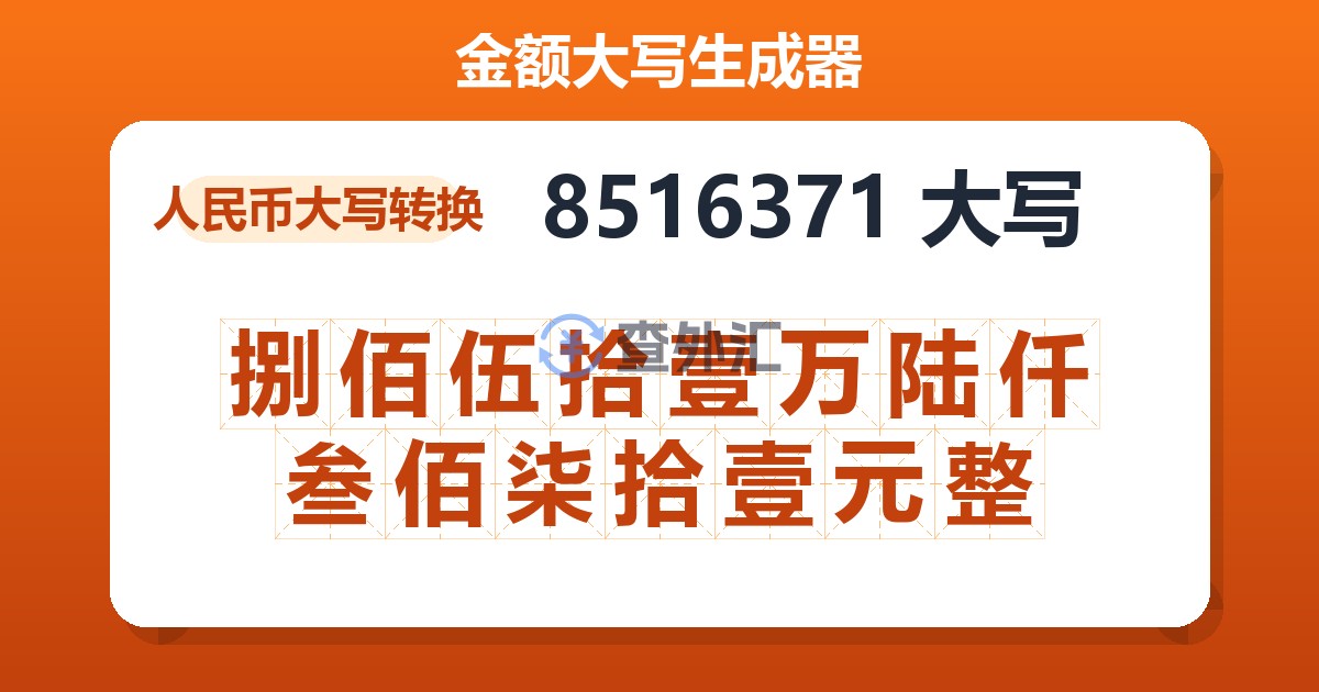 8516371大写 捌佰伍拾壹万陆仟叁佰柒拾壹元整