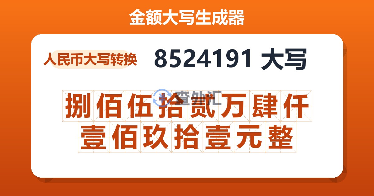 8524191大写 捌佰伍拾贰万肆仟壹佰玖拾壹元整
