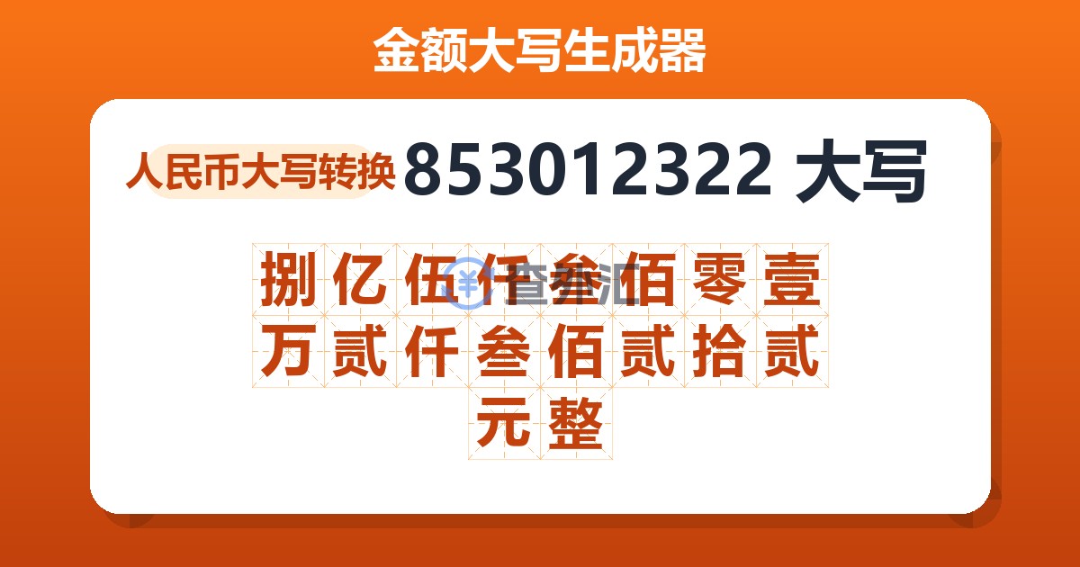 853012322大写 捌亿伍仟叁佰零壹万贰仟叁佰贰拾贰元整