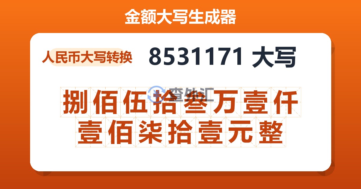 8531171大写 捌佰伍拾叁万壹仟壹佰柒拾壹元整