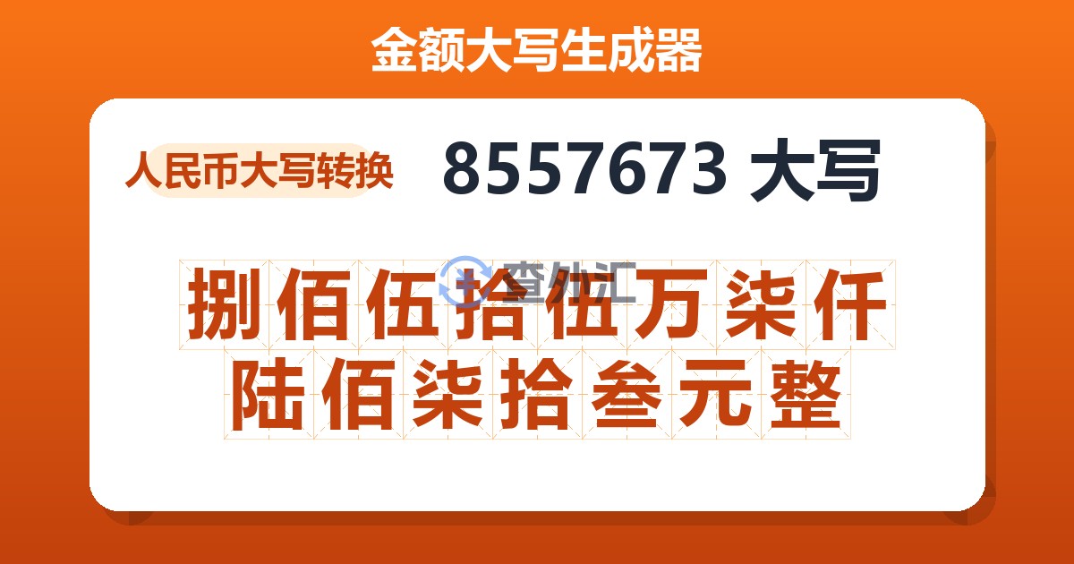 8557673大写 捌佰伍拾伍万柒仟陆佰柒拾叁元整