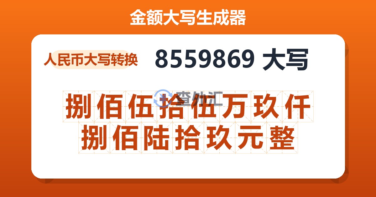 8559869大写 捌佰伍拾伍万玖仟捌佰陆拾玖元整
