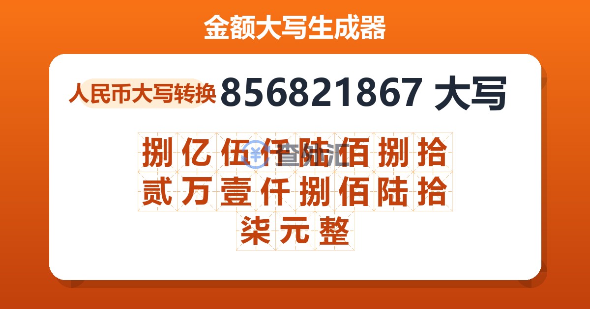 856821867大写 捌亿伍仟陆佰捌拾贰万壹仟捌佰陆拾柒元整