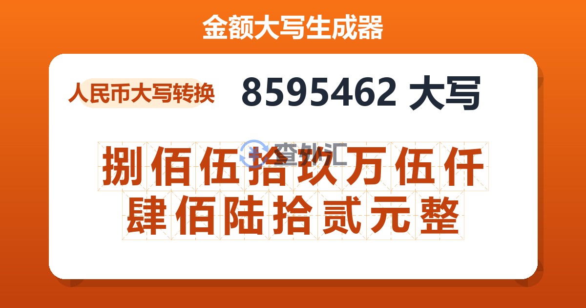 8595462大写 捌佰伍拾玖万伍仟肆佰陆拾贰元整