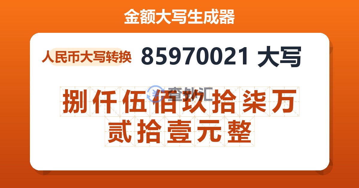 85970021大写 捌仟伍佰玖拾柒万贰拾壹元整