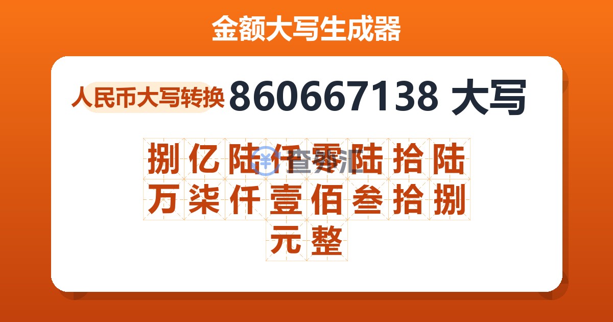 860667138大写 捌亿陆仟零陆拾陆万柒仟壹佰叁拾捌元整