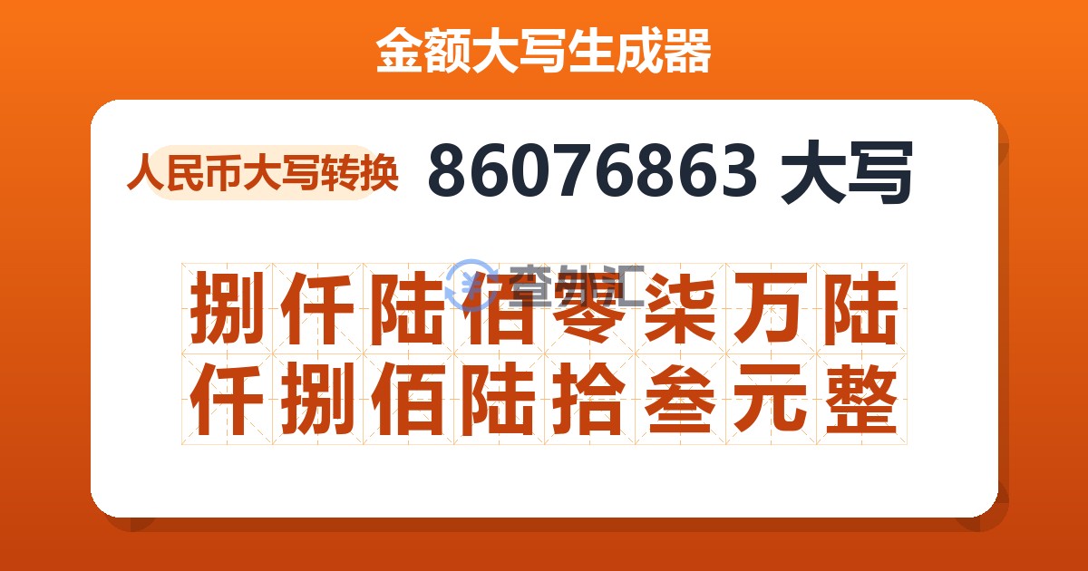 86076863大写 捌仟陆佰零柒万陆仟捌佰陆拾叁元整