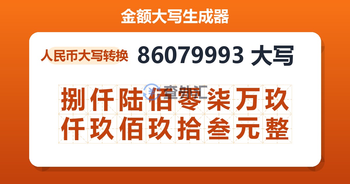 86079993大写 捌仟陆佰零柒万玖仟玖佰玖拾叁元整