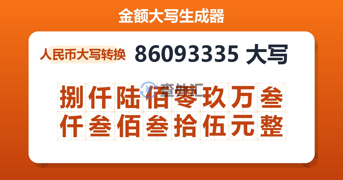 86093335大写 捌仟陆佰零玖万叁仟叁佰叁拾伍元整