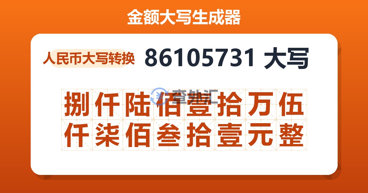 86105731大写 捌仟陆佰壹拾万伍仟柒佰叁拾壹元整
