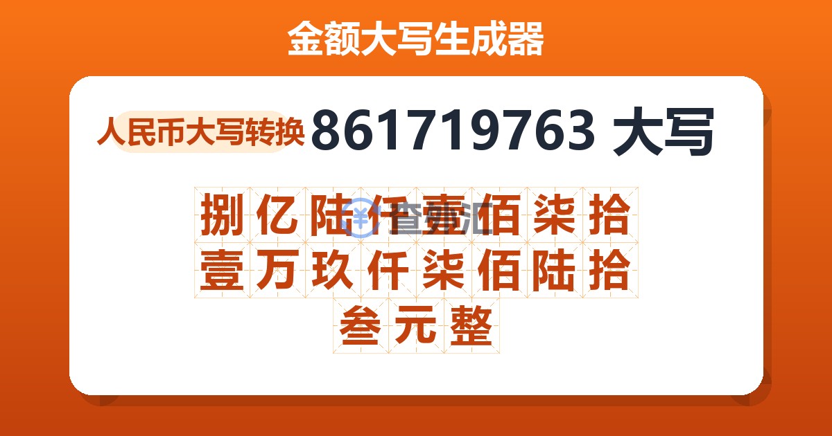 861719763大写 捌亿陆仟壹佰柒拾壹万玖仟柒佰陆拾叁元整