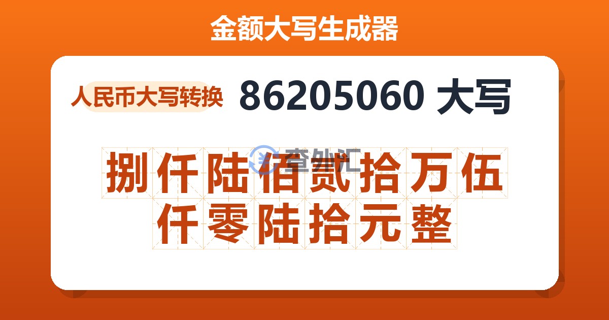 86205060大写 捌仟陆佰贰拾万伍仟零陆拾元整