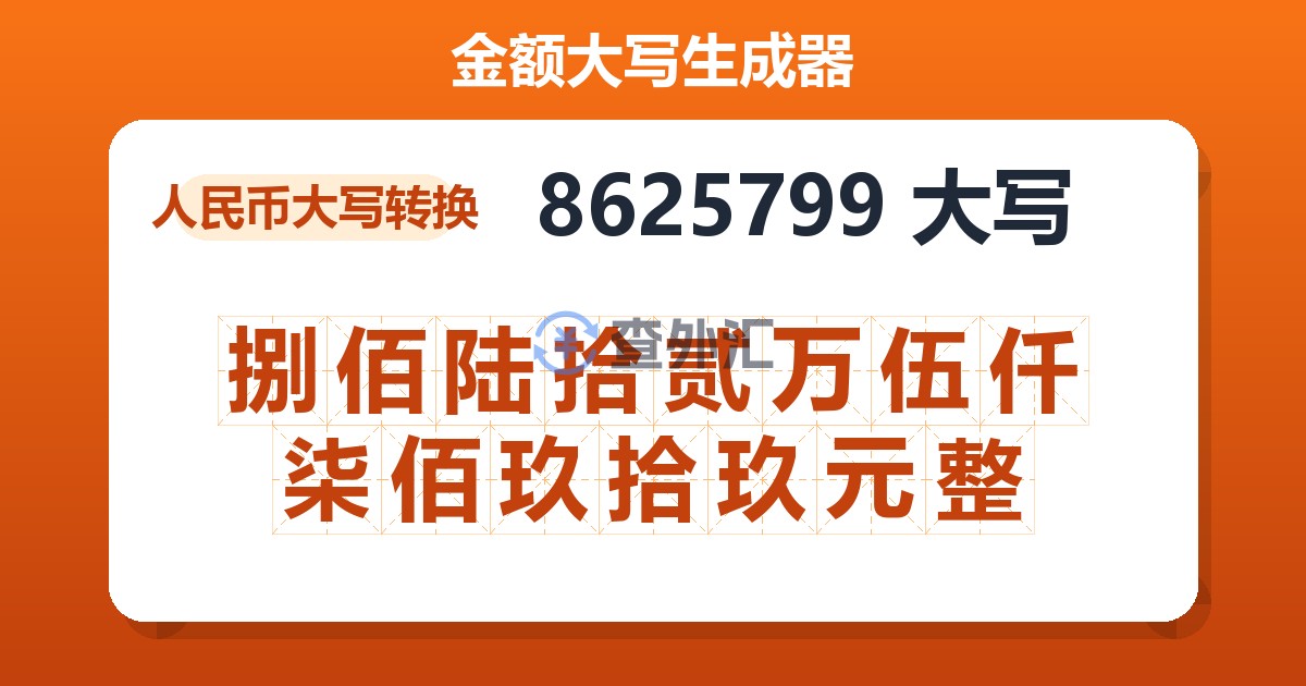 8625799大写 捌佰陆拾贰万伍仟柒佰玖拾玖元整