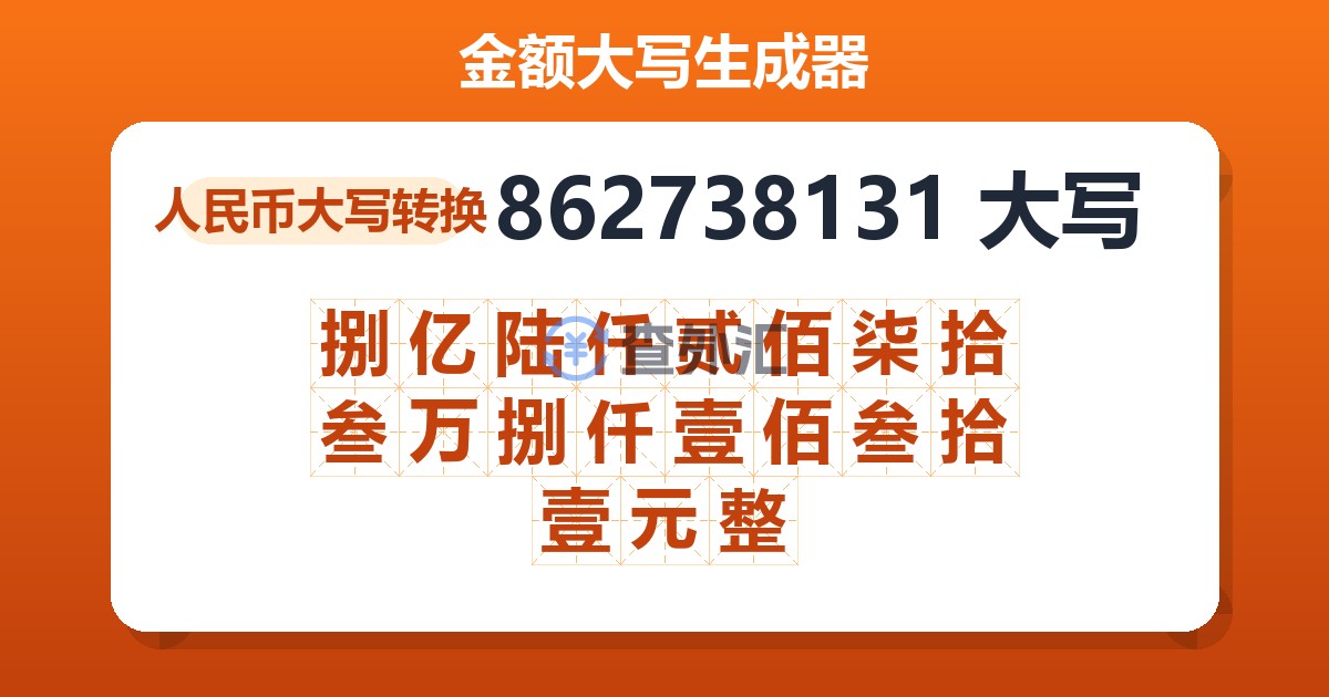862738131大写 捌亿陆仟贰佰柒拾叁万捌仟壹佰叁拾壹元整
