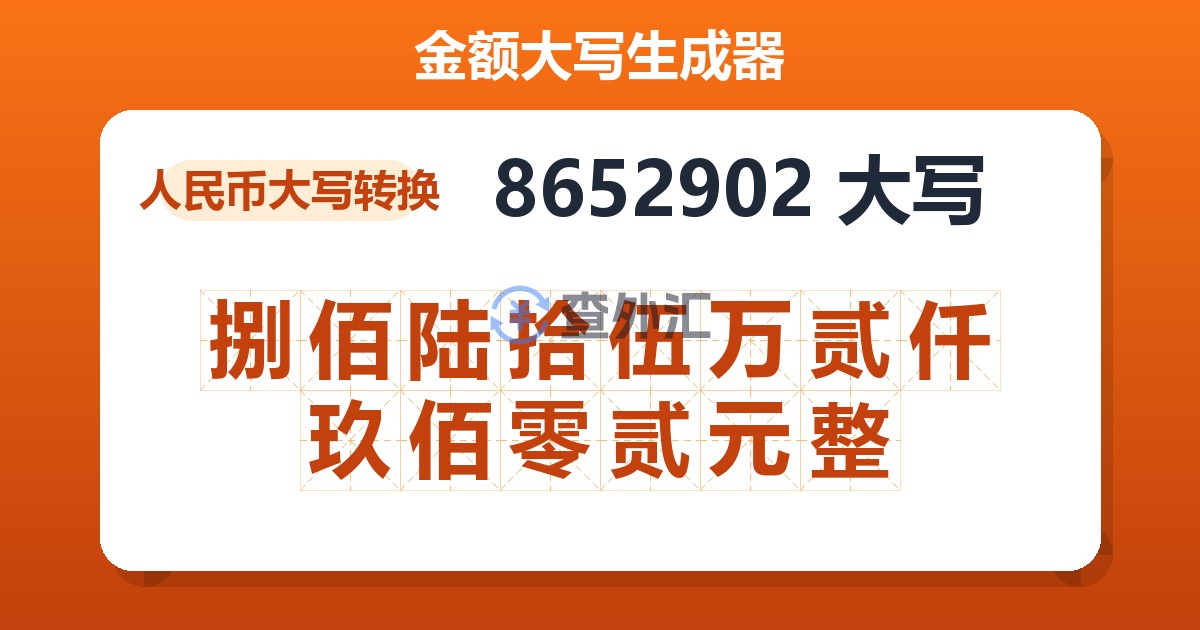 8652902大写 捌佰陆拾伍万贰仟玖佰零贰元整