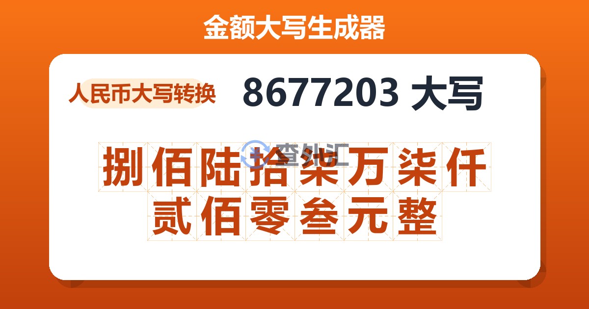 8677203大写 捌佰陆拾柒万柒仟贰佰零叁元整