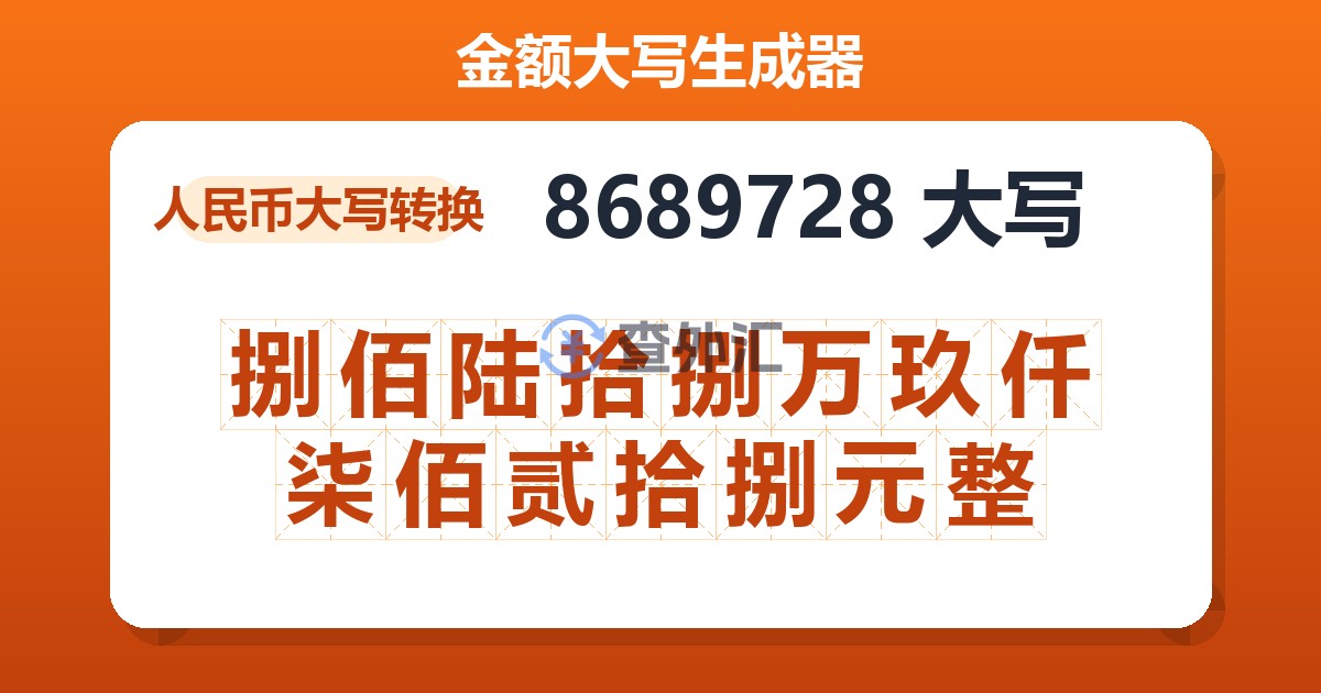 8689728大写 捌佰陆拾捌万玖仟柒佰贰拾捌元整