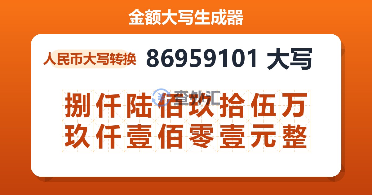 86959101大写 捌仟陆佰玖拾伍万玖仟壹佰零壹元整