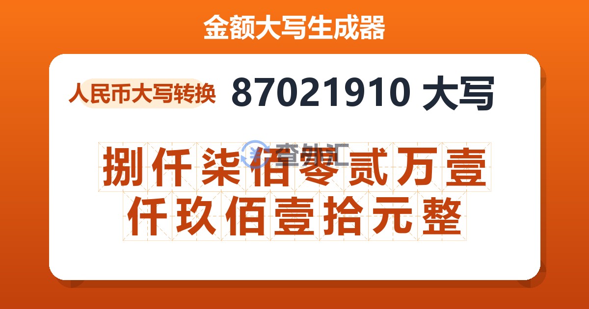 87021910大写 捌仟柒佰零贰万壹仟玖佰壹拾元整