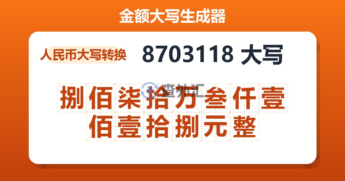 8703118大写 捌佰柒拾万叁仟壹佰壹拾捌元整