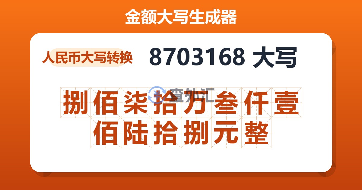 8703168大写 捌佰柒拾万叁仟壹佰陆拾捌元整