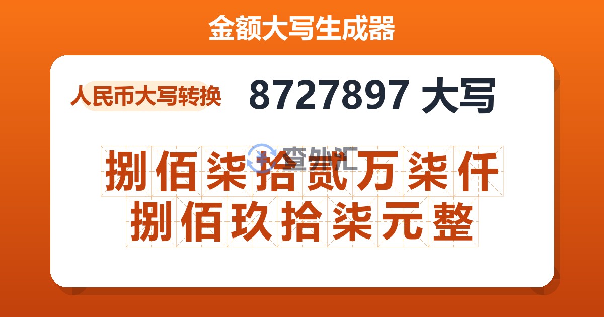 8727897大写 捌佰柒拾贰万柒仟捌佰玖拾柒元整