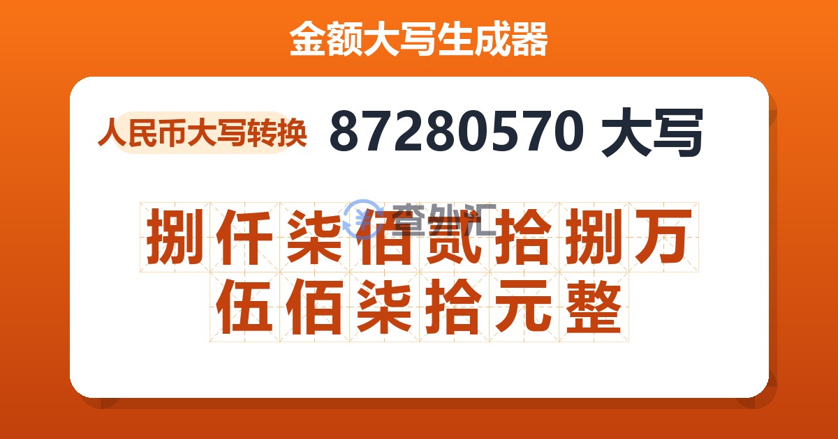 87280570大写 捌仟柒佰贰拾捌万伍佰柒拾元整