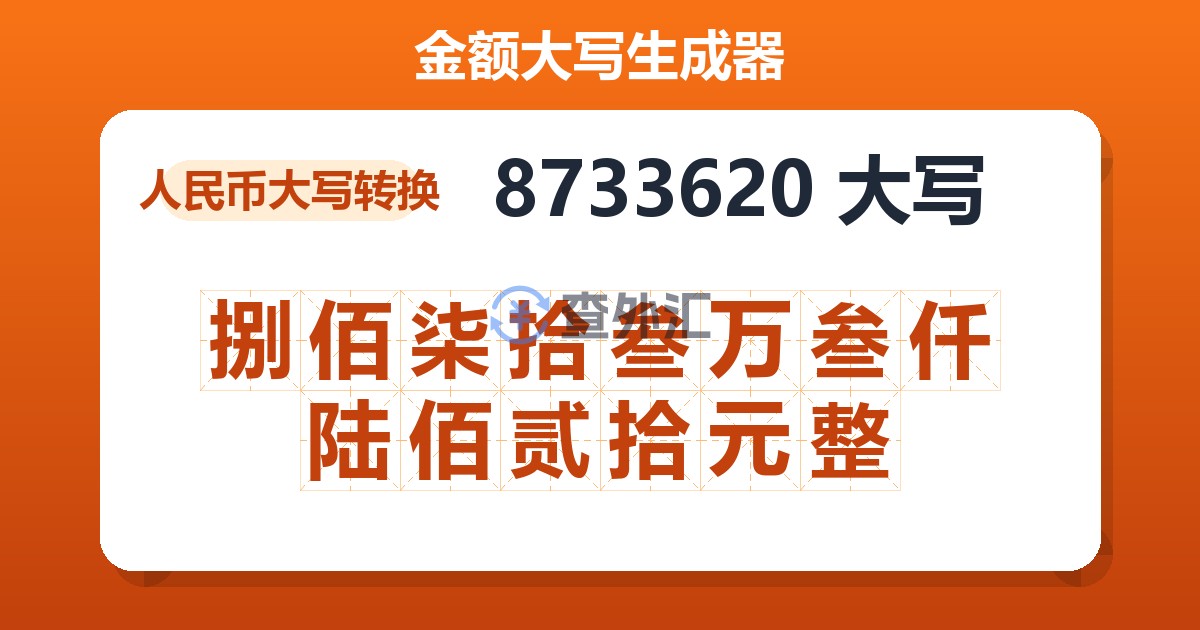 8733620大写 捌佰柒拾叁万叁仟陆佰贰拾元整