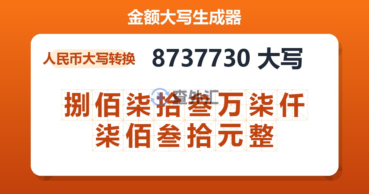 8737730大写 捌佰柒拾叁万柒仟柒佰叁拾元整