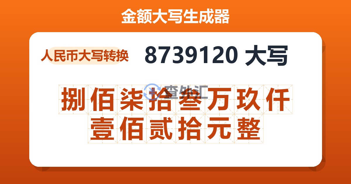 8739120大写 捌佰柒拾叁万玖仟壹佰贰拾元整