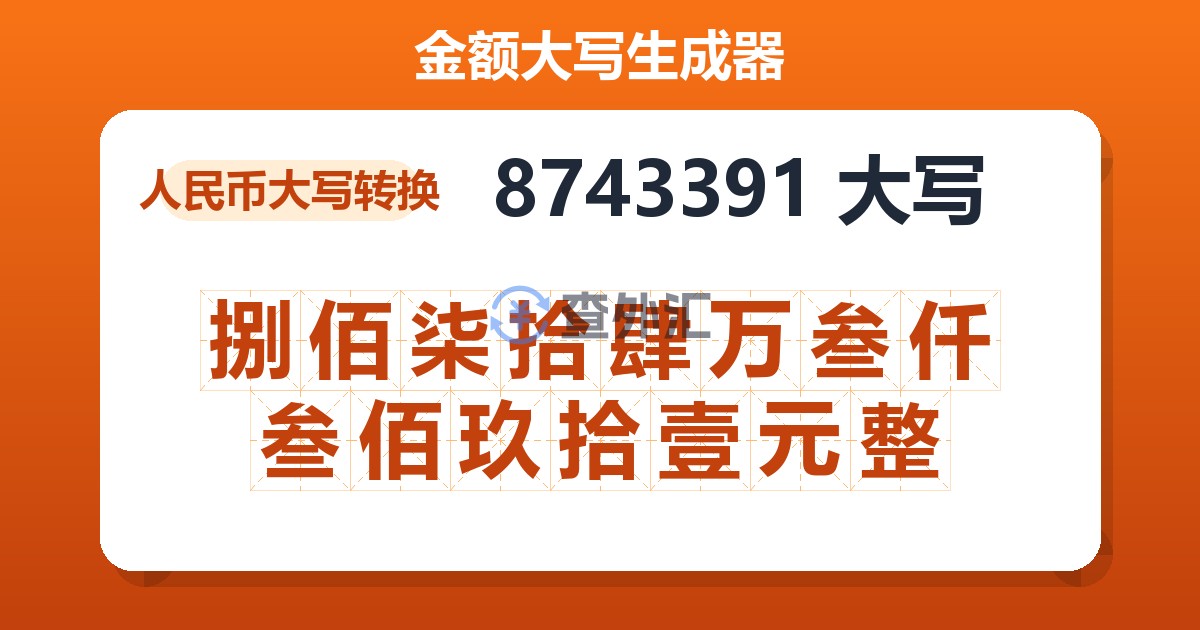 8743391大写 捌佰柒拾肆万叁仟叁佰玖拾壹元整