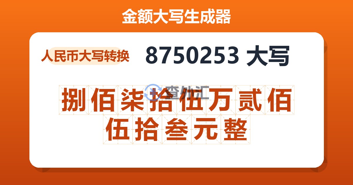 8750253大写 捌佰柒拾伍万贰佰伍拾叁元整