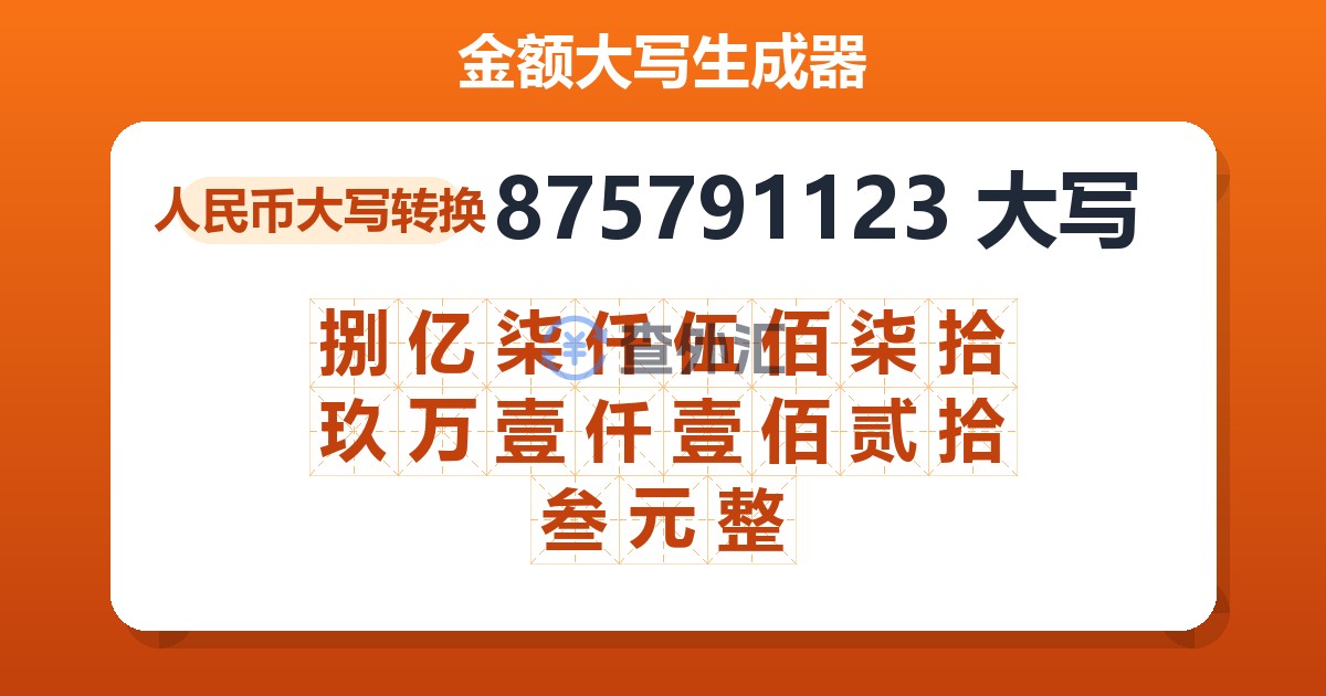 875791123大写 捌亿柒仟伍佰柒拾玖万壹仟壹佰贰拾叁元整