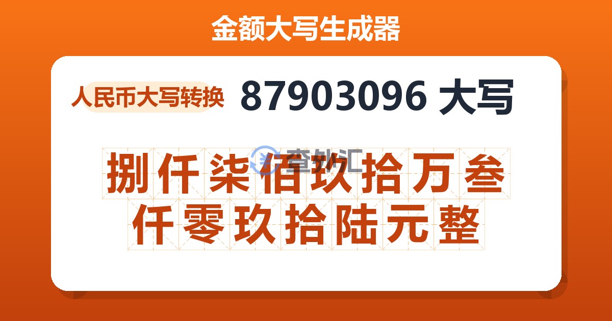 87903096大写 捌仟柒佰玖拾万叁仟零玖拾陆元整
