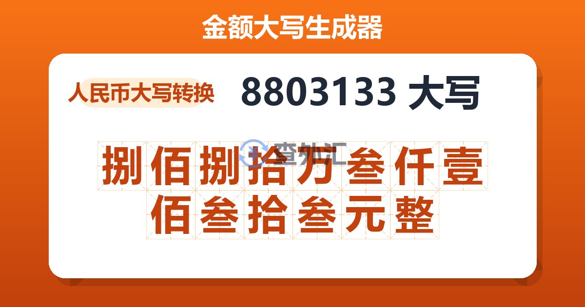 8803133大写 捌佰捌拾万叁仟壹佰叁拾叁元整