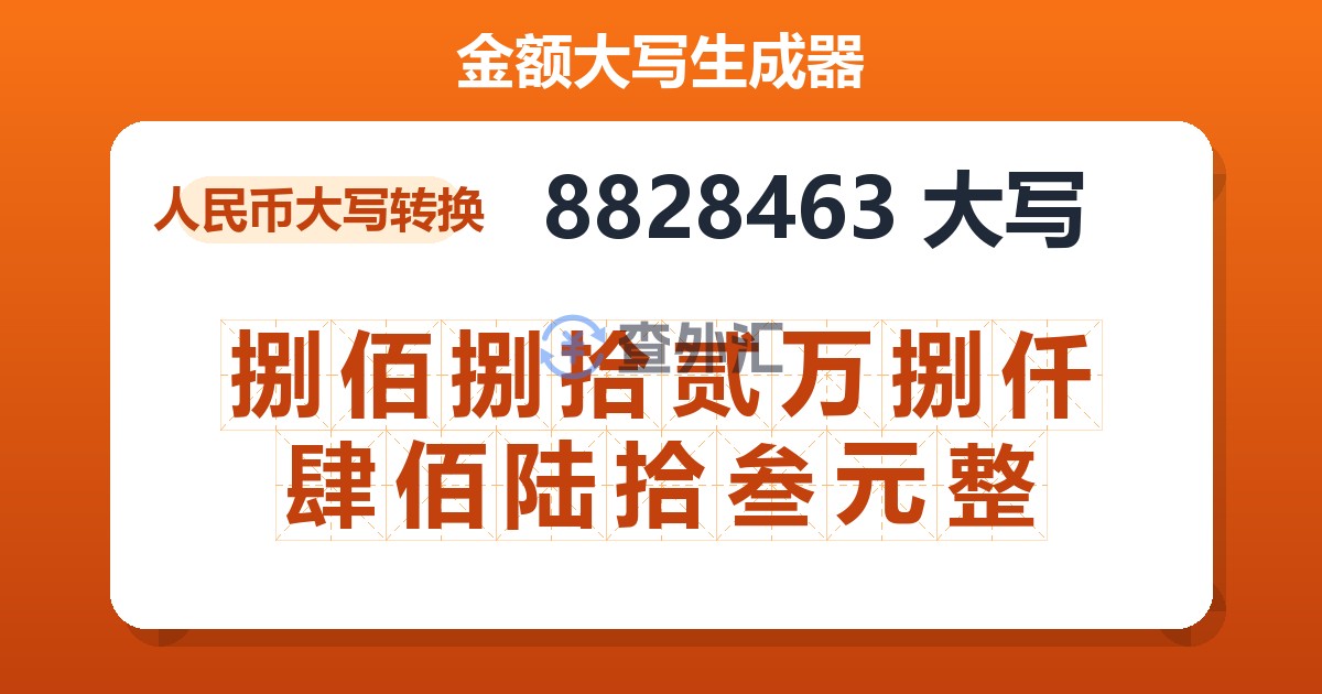 8828463大写 捌佰捌拾贰万捌仟肆佰陆拾叁元整