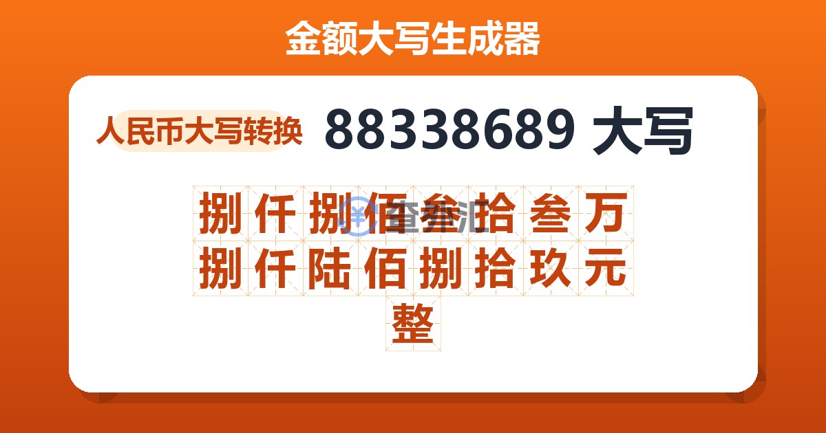 88338689大写 捌仟捌佰叁拾叁万捌仟陆佰捌拾玖元整