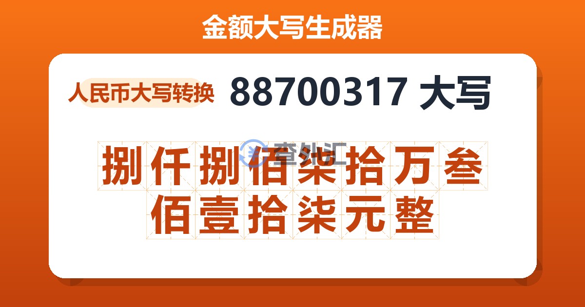 88700317大写 捌仟捌佰柒拾万叁佰壹拾柒元整