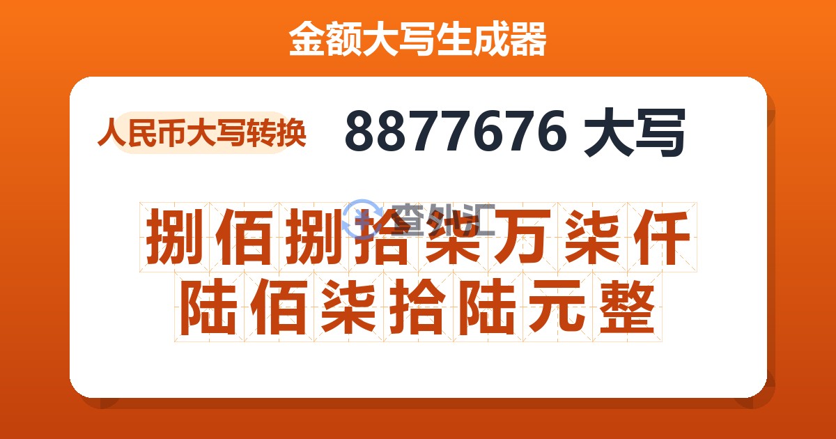 8877676大写 捌佰捌拾柒万柒仟陆佰柒拾陆元整