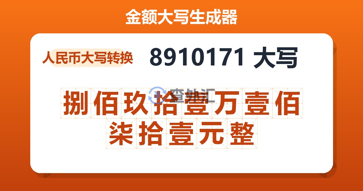 8910171大写 捌佰玖拾壹万壹佰柒拾壹元整