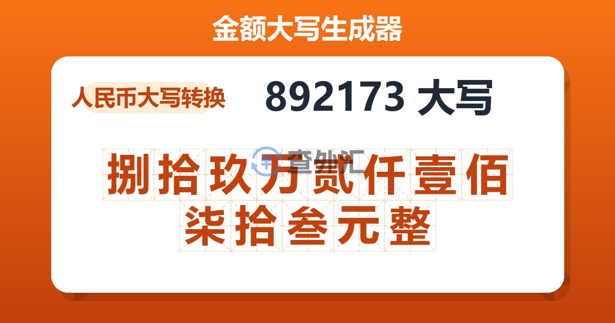 892173大写 捌拾玖万贰仟壹佰柒拾叁元整