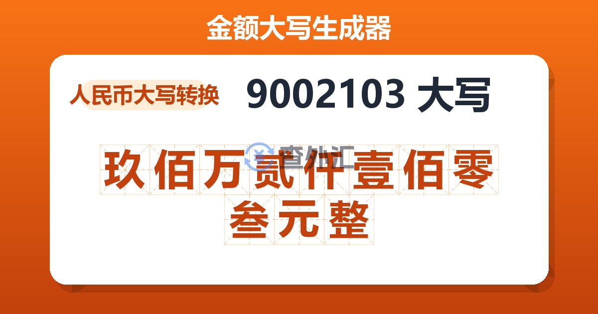 9002103大写 玖佰万贰仟壹佰零叁元整