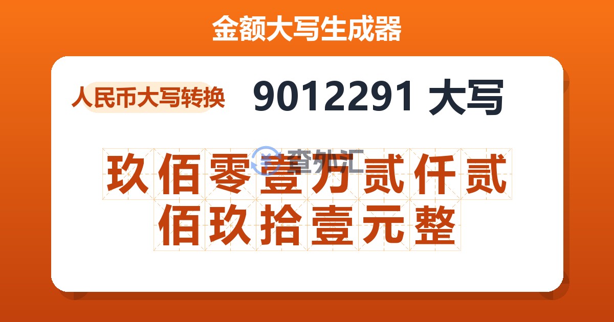 9012291大写 玖佰零壹万贰仟贰佰玖拾壹元整