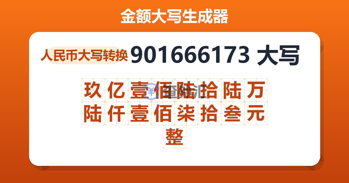 901666173大写 玖亿壹佰陆拾陆万陆仟壹佰柒拾叁元整