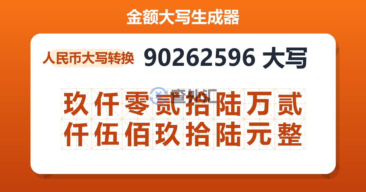 90262596大写 玖仟零贰拾陆万贰仟伍佰玖拾陆元整