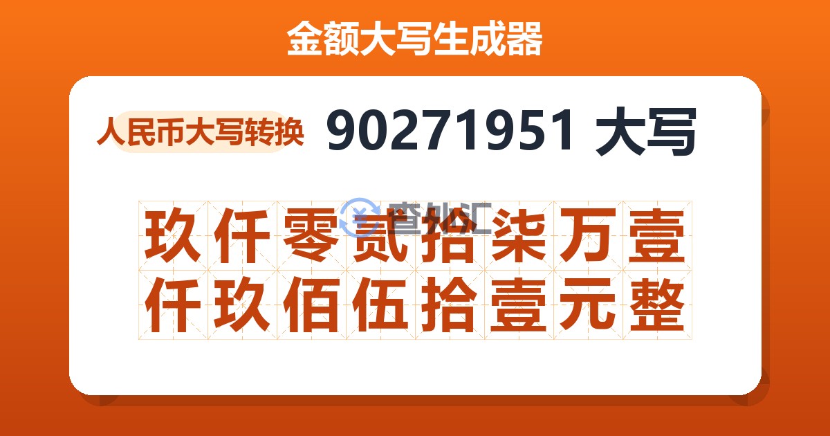 90271951大写 玖仟零贰拾柒万壹仟玖佰伍拾壹元整